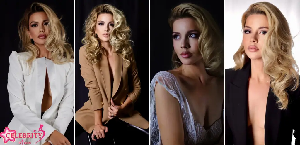 Close-up portrait of Masiela Lusha with her hair styled in soft waves, looking confidently at the camera.
